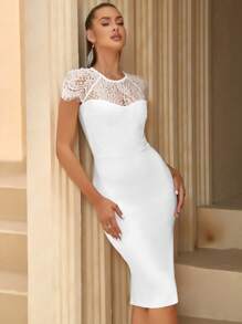 ADYCE Vestido ceñido al cuerpo con dobladillo con abertura y canesú de encaje - Blanco - Ver 5