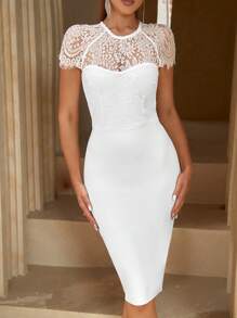 ADYCE Vestido ceñido al cuerpo con dobladillo con abertura y canesú de encaje - Blanco - Ver 6