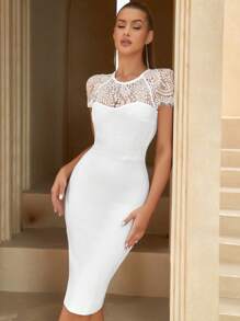 ADYCE Vestido ceñido al cuerpo con dobladillo con abertura y canesú de encaje - Blanco - Ver 7