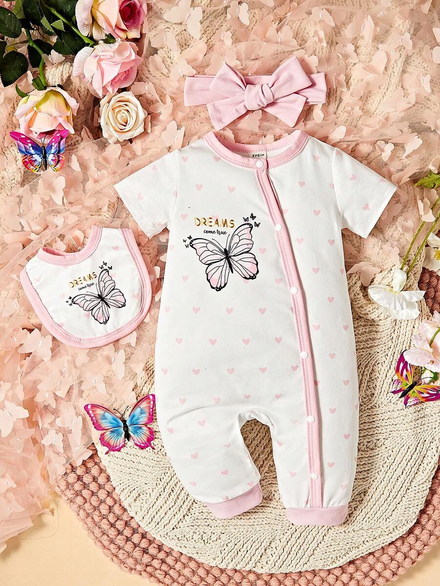 嬰兒愛心和字母圖案連身褲和圍兜 - 白色 - 查看 1