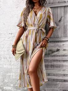 SHEIN LUNE Brush Print Butterfly Sleeve Belted Dress - Multicolor - View 1