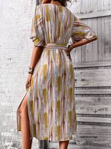 SHEIN LUNE Brush Print Butterfly Sleeve Belted Dress - Multicolor - View 2