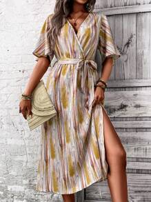 SHEIN LUNE Brush Print Butterfly Sleeve Belted Dress - Multicolor - View 3