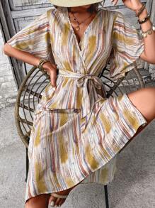 SHEIN LUNE Brush Print Butterfly Sleeve Belted Dress - Multicolor - View 6