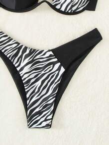SHEIN Swim Zebra Stripe Underwire Halter Cut Out Front Bikini Set, For Summer Beach Vacation - Black and White - View 4