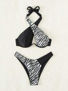 SHEIN Swim Zebra Stripe Underwire Halter Cut Out Front Bikini Set, For Summer Beach Vacation - Black and White - View 5