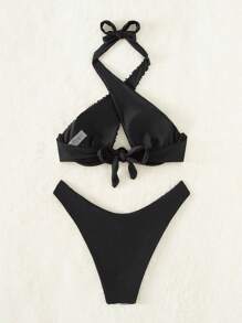 SHEIN Swim Zebra Stripe Underwire Halter Cut Out Front Bikini Set, For Summer Beach Vacation - Black and White - View 6