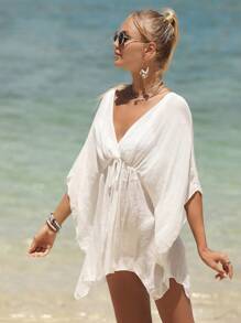 Swim Vcay Summer Beach Solid Tie Front Cover Up - White - View 3