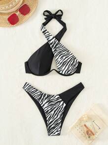 SHEIN Swim Zebra Stripe Underwire Halter Cut Out Front Bikini Set, For Summer Beach Vacation - Black and White - View 7