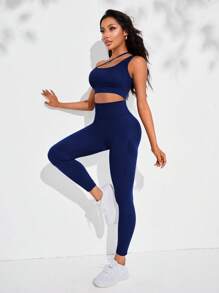 Easithlete Conjunto deportivo de mujer con un hombro y recorte en la cintura - Azul Marino - Ver 5