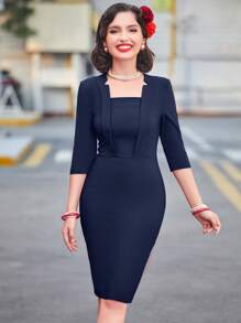 MUXXN Square Neck Zip Back Split Hem Dress - Navy Blue - View 6