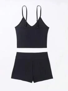 Solid Shorts Tankini Summer Beach - Black - View 3