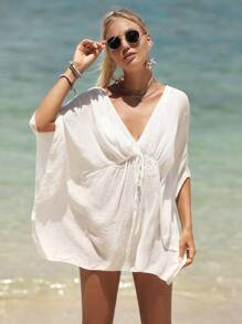 Swim Vcay Summer Beach Solid Tie Front Cover Up - White - View 6