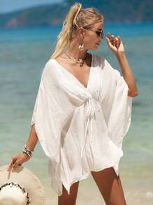 Swim Vcay Summer Beach Solid Tie Front Cover Up - White - View 7