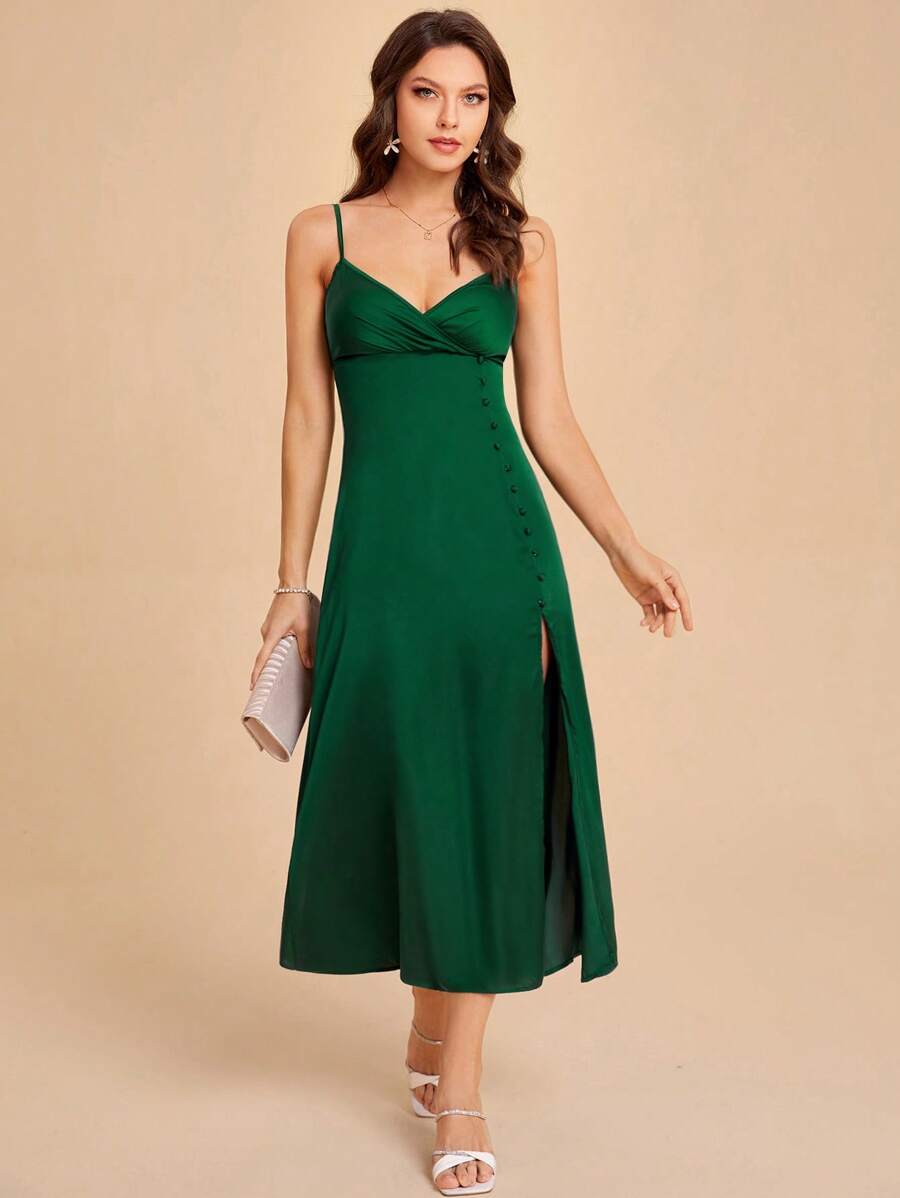 SHEIN Belle 素色鈕扣高衩吊帶連衣裙 - 墨綠色 - 查看 1