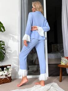 Flounce Sleeve Blouse & Ruffle Hem Trousers PJ Set - Blue - View 2