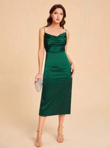 SHEIN Belle Draped Front Split Back Cami Bridesmaid Dress Elegant Cocktail Semi Formal Prom Wedding Guest Dress, For Birthday, Graduation, Dinner, Homecoming Party Dress - Green - View 3