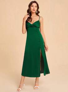 SHEIN Belle 素色鈕扣高衩吊帶連衣裙 - 墨綠色 - 查看 3
