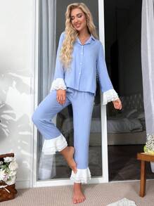 Flounce Sleeve Blouse & Ruffle Hem Trousers PJ Set - Blue - View 4