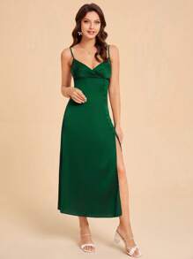 SHEIN Belle 素色鈕扣高衩吊帶連衣裙 - 墨綠色 - 查看 4