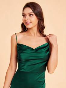 SHEIN Belle Draped Front Split Back Cami Bridesmaid Dress Elegant Cocktail Semi Formal Prom Wedding Guest Dress, For Birthday, Graduation, Dinner, Homecoming Party Dress - Green - View 5