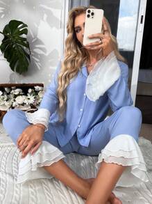 Flounce Sleeve Blouse & Ruffle Hem Trousers PJ Set - Blue - View 5