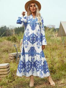 SHEIN VCAY Notched Neck Flounce Hem Dress With Sleeve - Blue and White - View 4