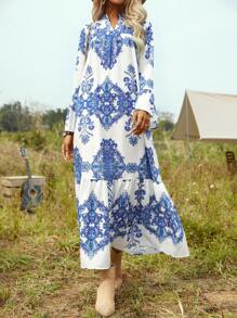 SHEIN VCAY Notched Neck Flounce Hem Dress With Sleeve - Blue and White - View 6