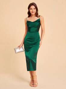 SHEIN Belle Draped Front Split Back Cami Bridesmaid Dress Elegant Cocktail Semi Formal Prom Wedding Guest Dress, For Birthday, Graduation, Dinner, Homecoming Party Dress - Green - View 7