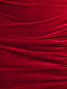 SHEIN Belle Solid Color Collar Drawstring Pleated Back Crossover Elegant Velvet Wedding Guest Dress - Red - View 5
