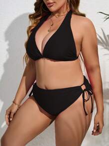 SHEIN Swim Curve Conjunto de bikini de talla grande con diseño sólido de cuello halter para playa en verano - Negro - Ver 3