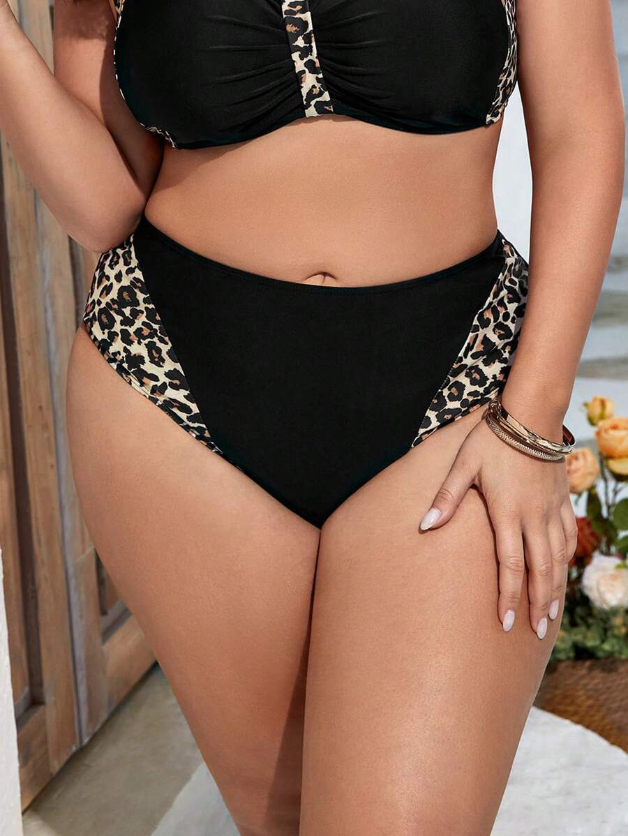 SHEIN Swim Curve 大碼豹紋印花泳衣下裝 - 黑色 - 查看 1