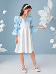 SHEIN Đầm Gái Xù Nơ trước Khối Màu Dễ thương - Xanh và trắng - Xem 2