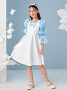 SHEIN Đầm Gái Xù Nơ trước Khối Màu Dễ thương - Xanh và trắng - Xem 3
