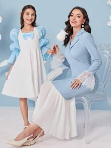 SHEIN Đầm Gái Xù Nơ trước Khối Màu Dễ thương - Xanh và trắng - Xem 6