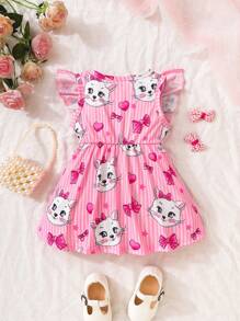 SHEIN Đầm em bé Xù Hoạt hình Sọc - Hồng - Xem 2