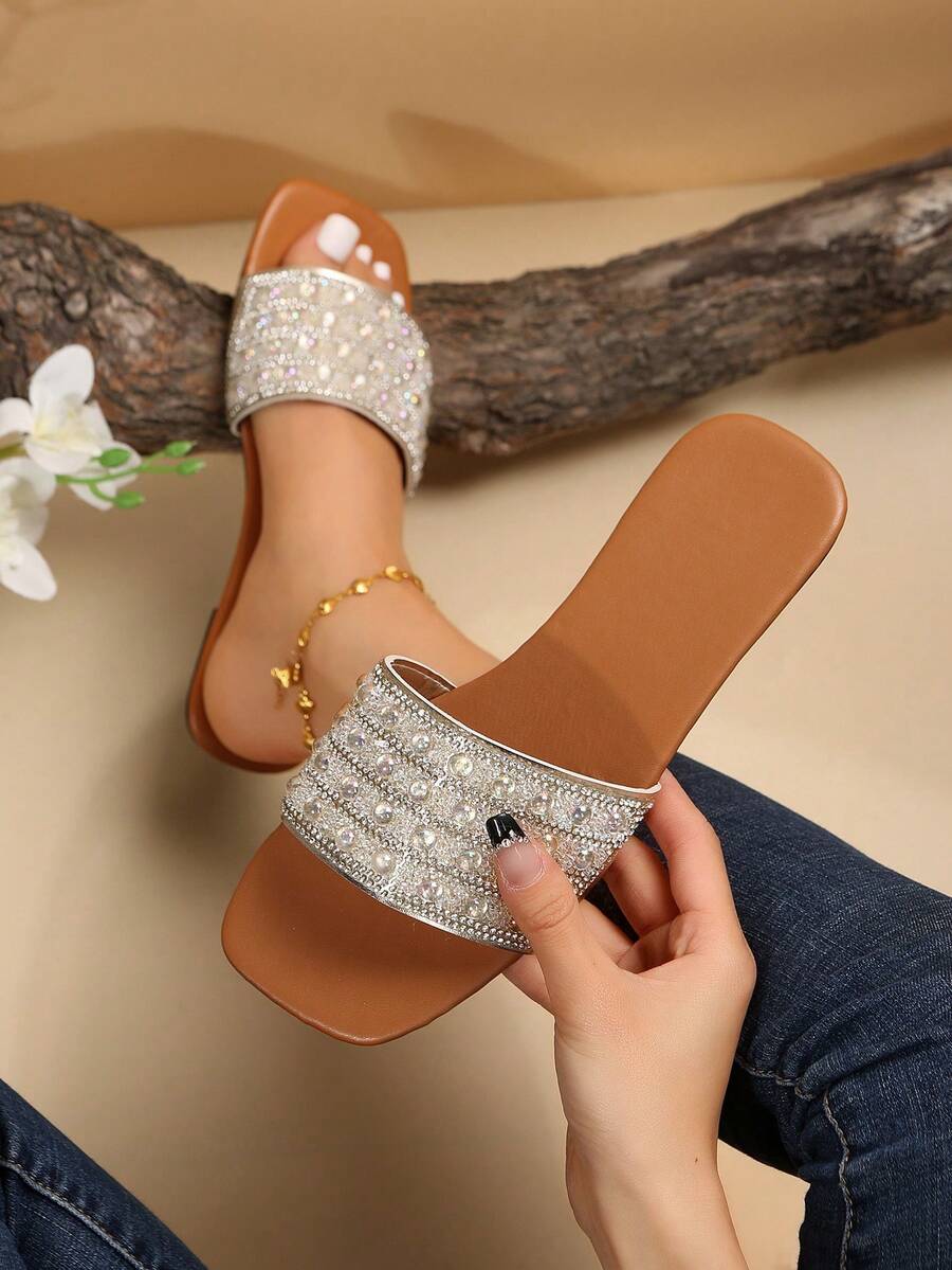 Women Rhinestone Decor Flat Sandals, Glamorous Summer Slide Sandals - Silver - View 1