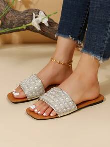 Women Rhinestone Decor Flat Sandals, Glamorous Summer Slide Sandals - Silver - View 2