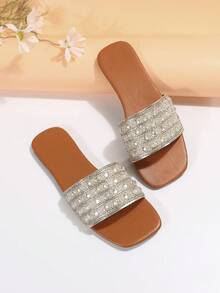 Women Rhinestone Decor Flat Sandals, Glamorous Summer Slide Sandals - Silver - View 6