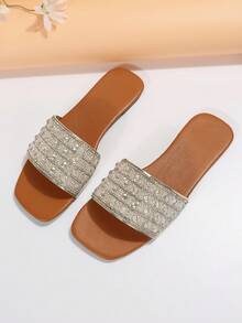 Women Rhinestone Decor Flat Sandals, Glamorous Summer Slide Sandals - Silver - View 7