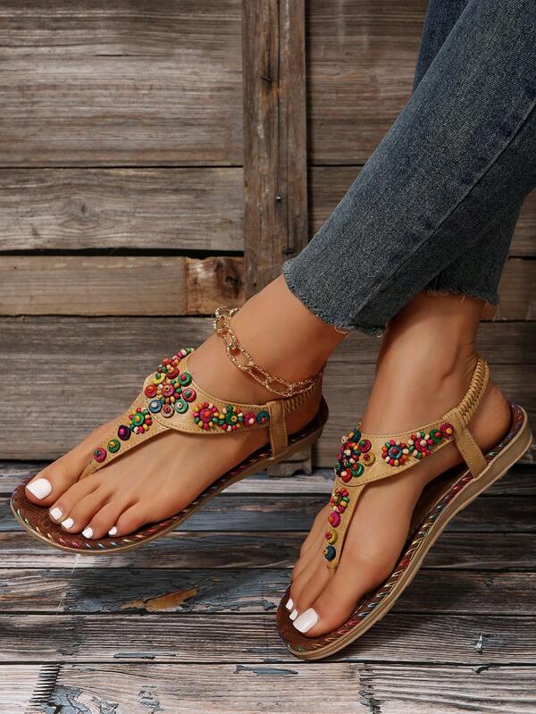 Women Bead Decor Toe Post Flat Sandals, Fashion Summer Thong Sandals