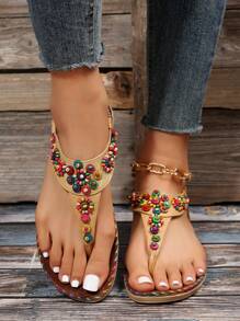 女士珠子裝飾夾腳平底時尚夏天T字帶涼鞋