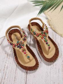 女士珠子裝飾夾腳平底時尚夏天T字帶涼鞋