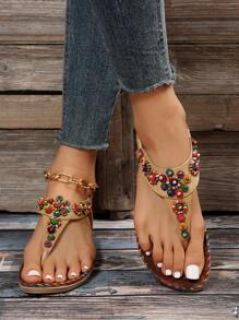 女士珠子裝飾夾腳平底時尚夏天T字帶涼鞋