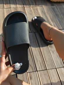 Women Textured Single Band Slides, Cool Black EVA Slides