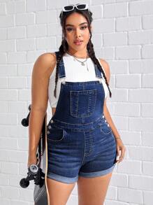 Quần áo denim có kích thước lớn Nút Túi màu trơn Giải trí - Rửa tối - Xem 1
