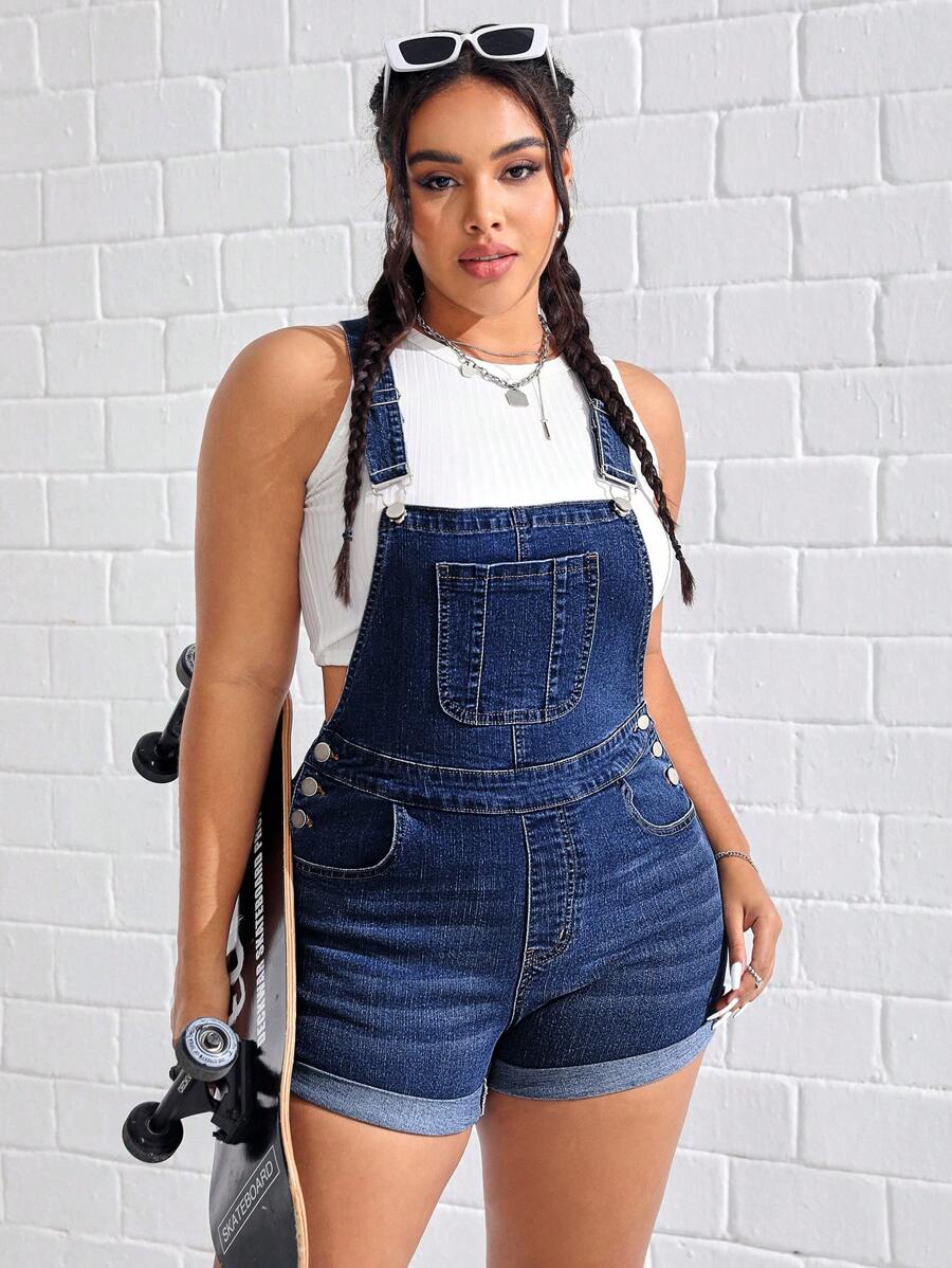 Quần áo denim có kích thước lớn Nút Túi màu trơn Giải trí - Rửa tối - Xem 1