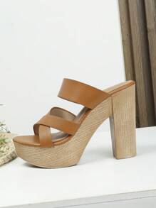 女士交叉防水台粗跟優雅棕色穆勒涼鞋 - 棕色 - 查看 3