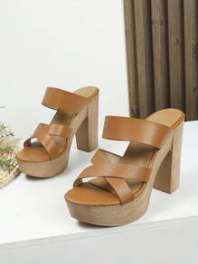 女士交叉防水台粗跟優雅棕色穆勒涼鞋 - 棕色 - 查看 5