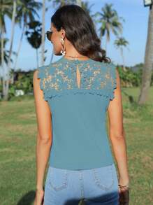 SHEIN Clasi Áo khoác và áo lót dành cho xe tăng nữ Nút Tương phản ren màu trơn Giải trí - Màu xanh Cadet - Xem 2